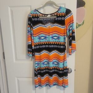 Giddy up Glamour Colorful Aztec 3/4 Sleeve pullover Dress szLg